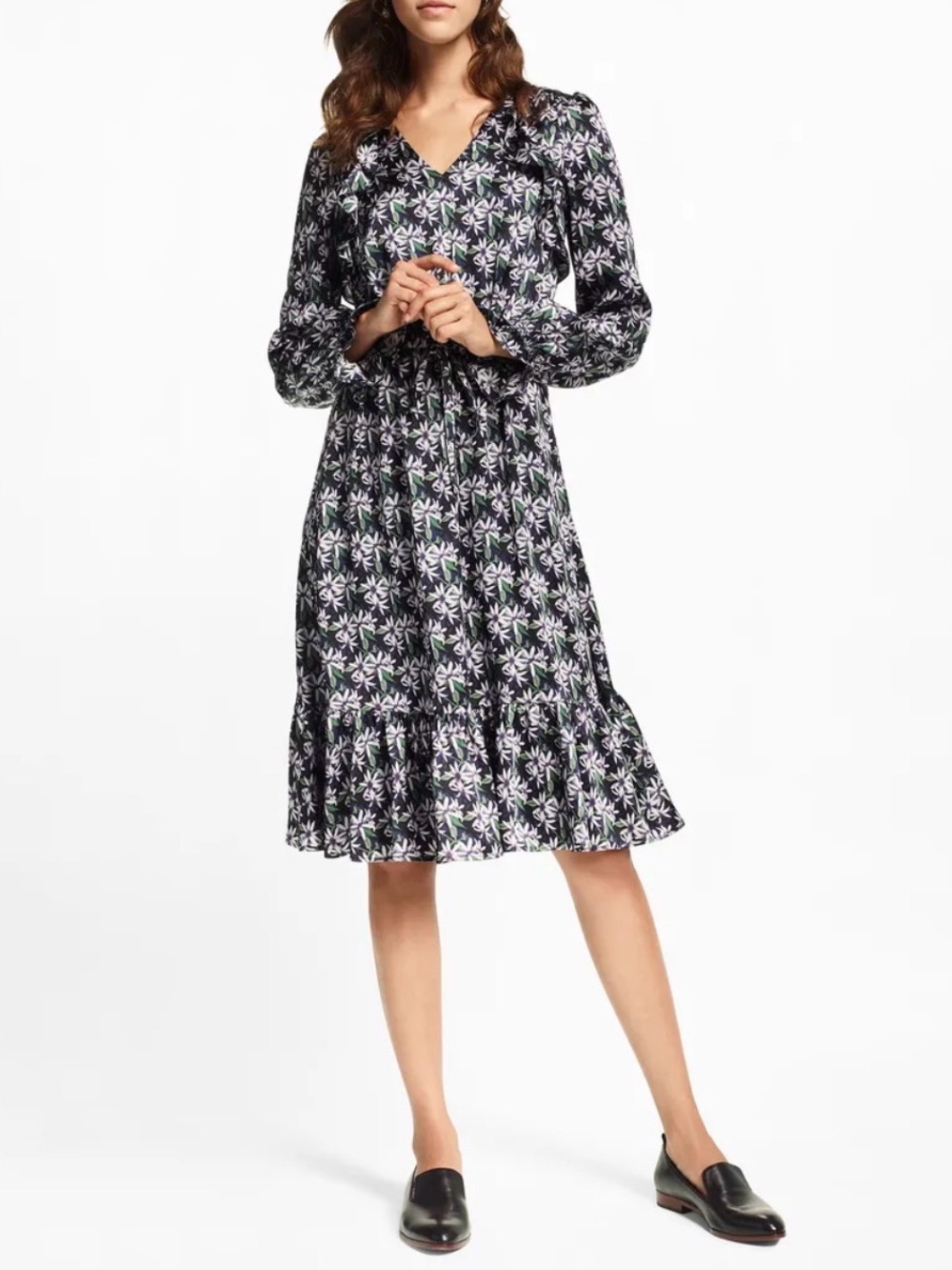 Brooks Brothers Navy Floral V-Neck Long Sleeves With Floral Print Silk Mid Dress